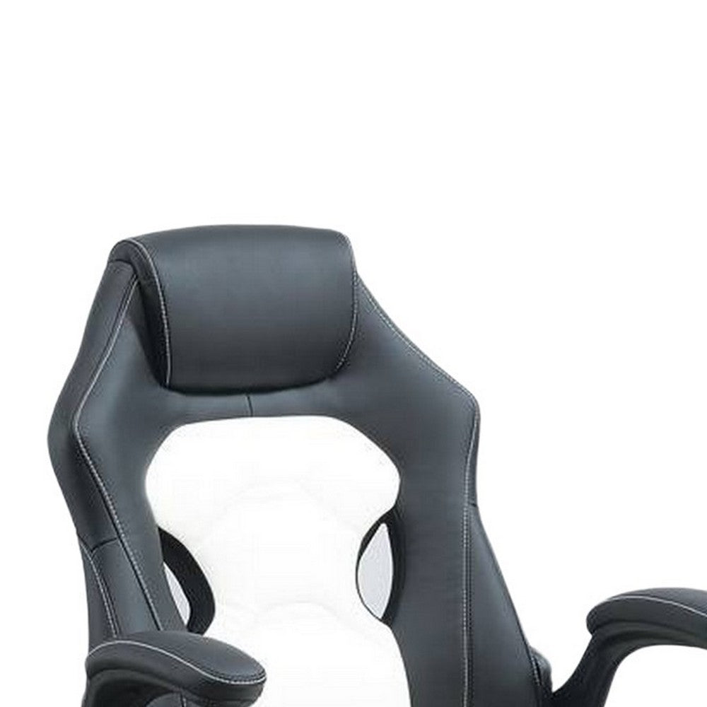 Benjara 42 Inch Swivel Office Gaming Chair, Adjustable, Faux Leather, Black, White
