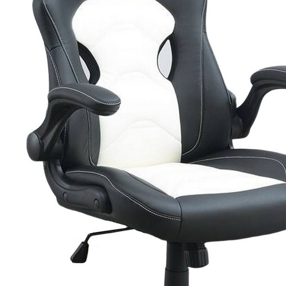 Benjara 42 Inch Swivel Office Gaming Chair, Adjustable, Faux Leather, Black, White