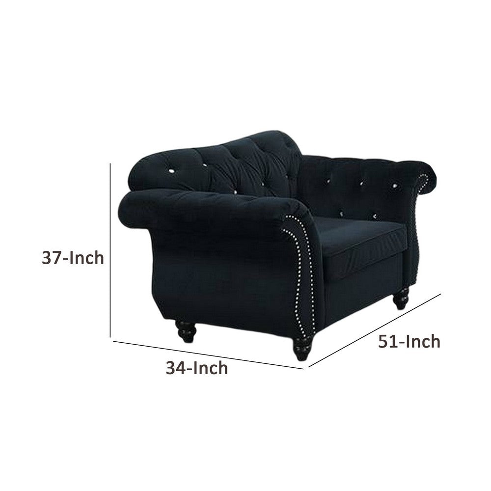 Benjara Rima 51 Inch Classic Accent Chair, Velvet Upholstery, Rolled Arms, Black
