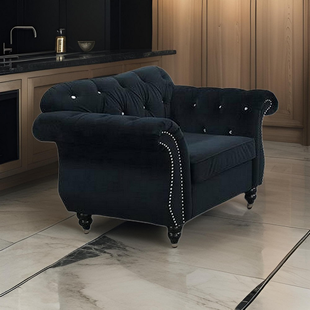 Benjara Rima 51 Inch Classic Accent Chair, Velvet Upholstery, Rolled Arms, Black
