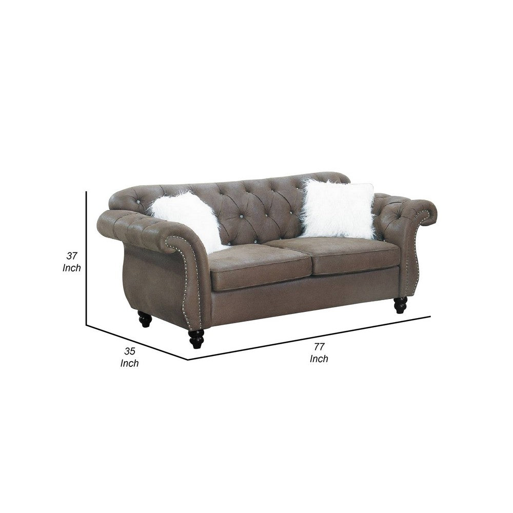 Benjara Rima 77 Inch Modern Loveseat, Faux Leather Cushions, Rolled Arms, Brown