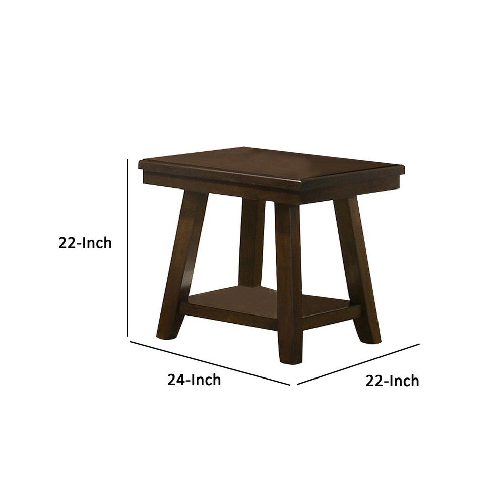 Benjara 24 Inch Classic Square End Table, Flared Legs, Single Shelf, Brown Wood