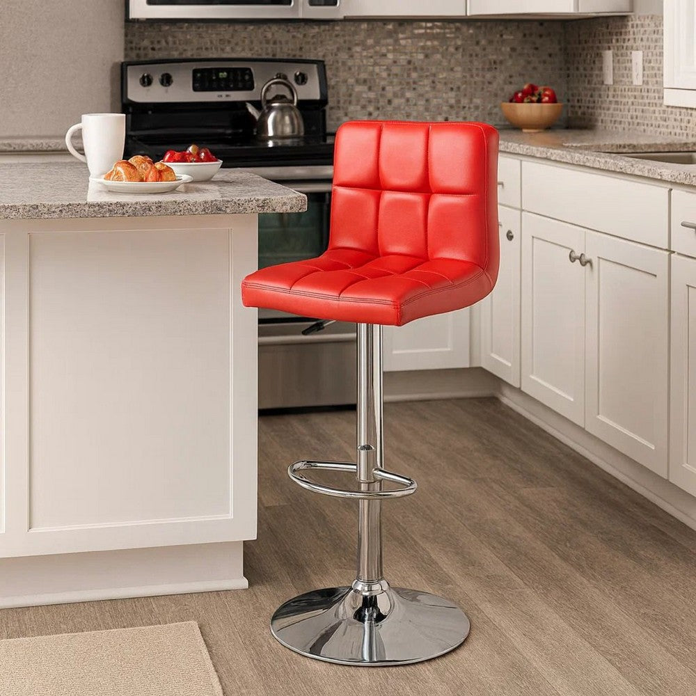 Benjara 25-29 Inch Swivel Barstool, Set of 2, Cushioned Seat, Red Faux Leather