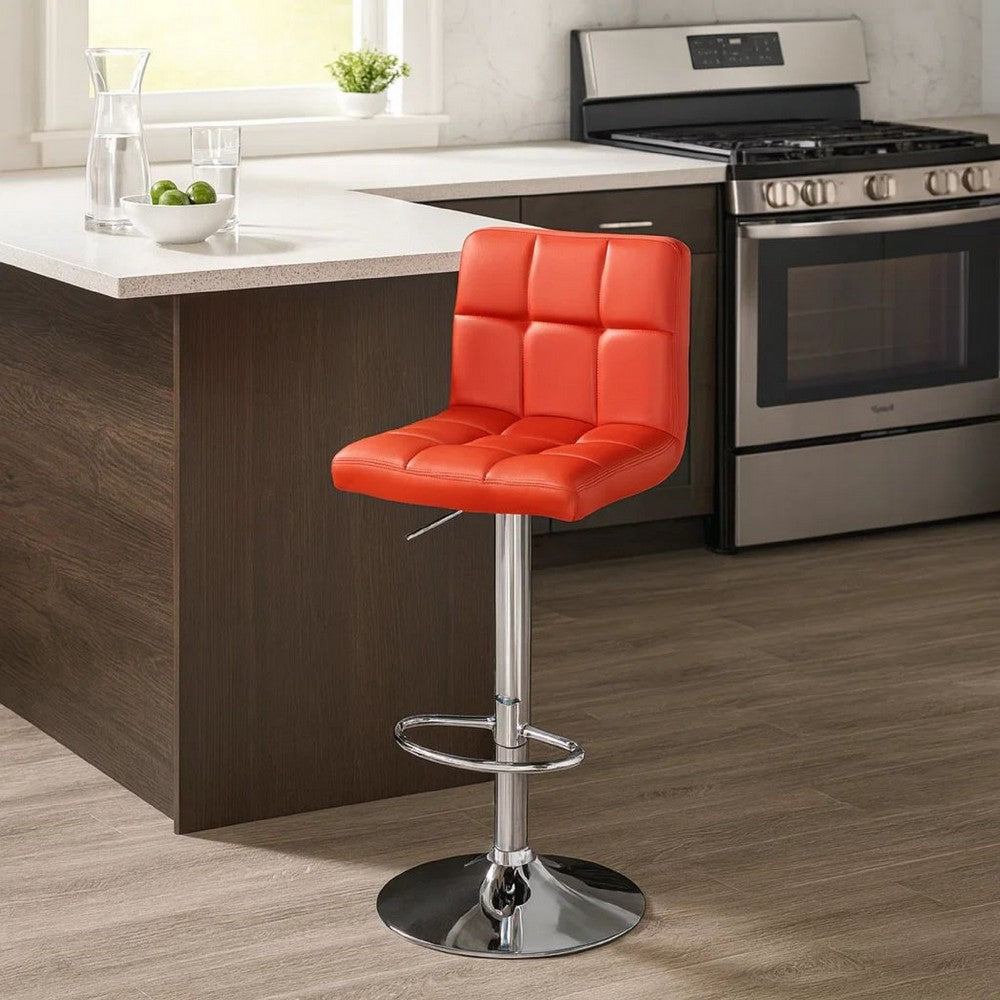 Benjara 25-29 Inch Swivel Barstool, Set of 2, Cushioned Seat, Red Faux Leather