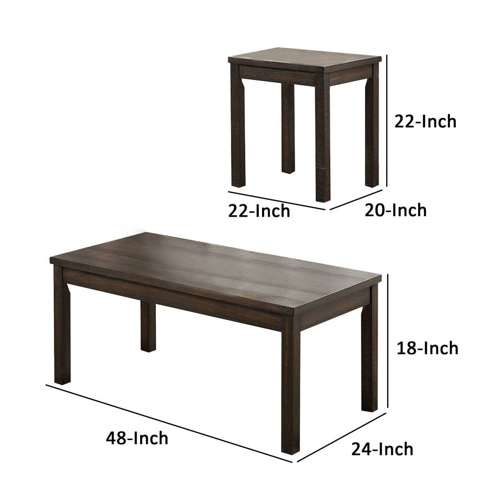 Benjara 3 Piece Coffee Table And End Table Set, Wood Tabletops, Dark Brown Finish