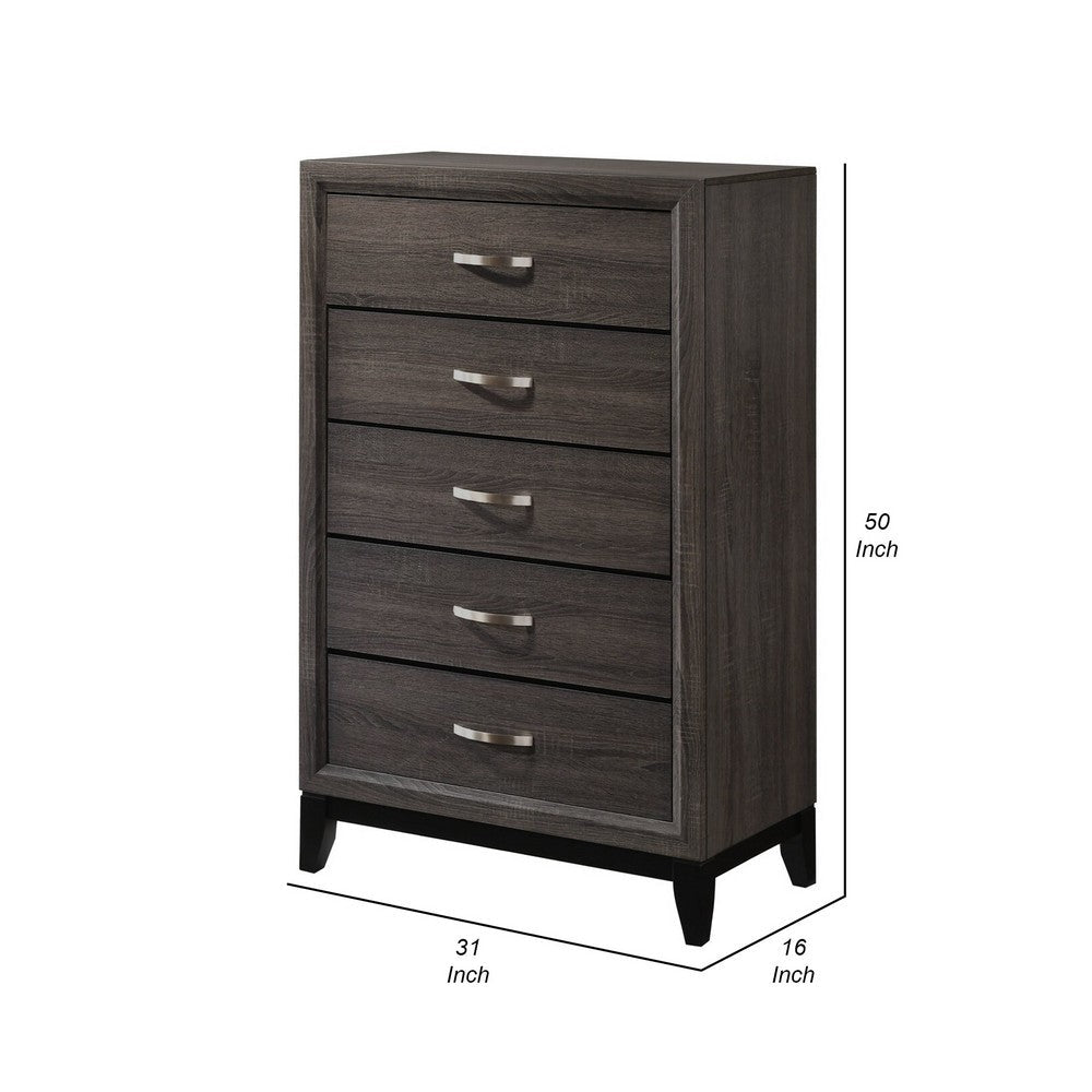Benjara 50 Inch Classic 5 Drawer Tall Dresser Chest with Metal Handles, Oak Gray