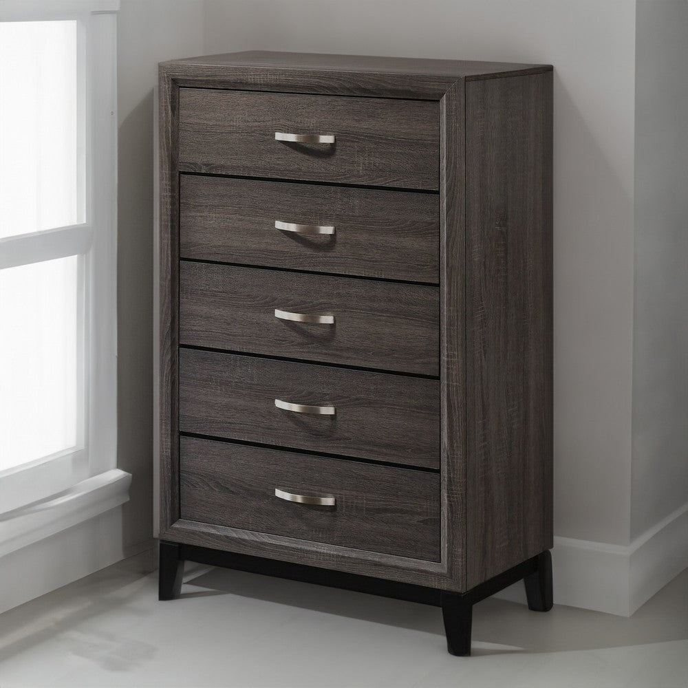Benjara 50 Inch Classic 5 Drawer Tall Dresser Chest with Metal Handles, Oak Gray