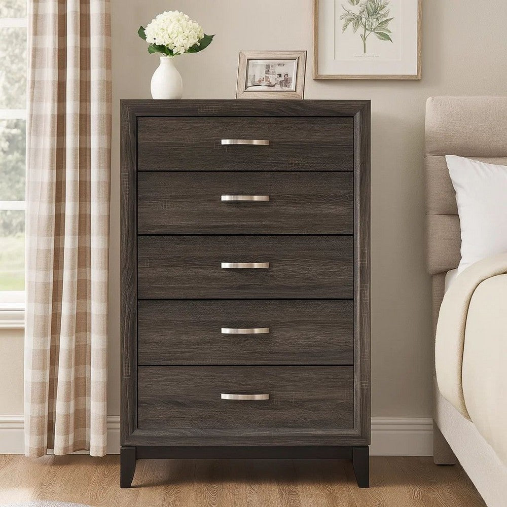 Benjara 50 Inch Classic 5 Drawer Tall Dresser Chest with Metal Handles, Oak Gray