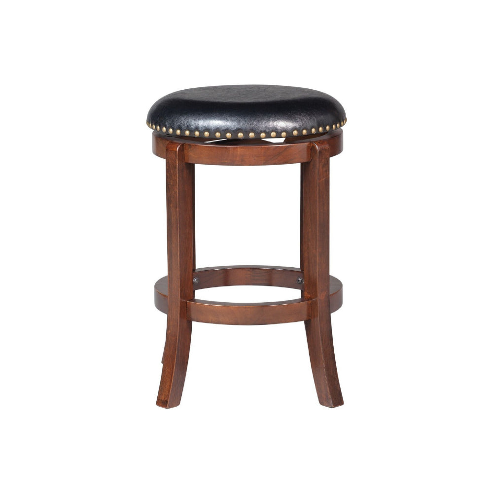 Benjara Ovi 24 Inch Wooden Swivel Counter Stool, Faux Leather Seat, Walnut Brown