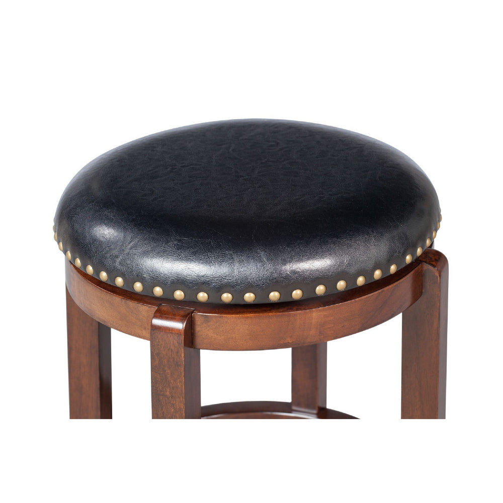 Benjara Ovi 24 Inch Wooden Swivel Counter Stool, Faux Leather Seat, Walnut Brown