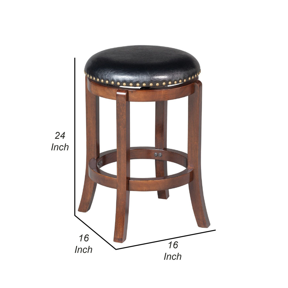 Benjara Ovi 24 Inch Wooden Swivel Counter Stool, Faux Leather Seat, Walnut Brown