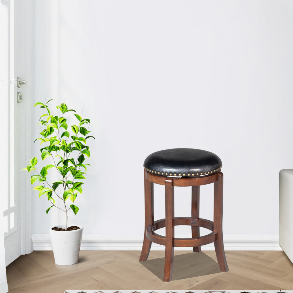 Benjara Ovi 24 Inch Wooden Swivel Counter Stool, Faux Leather Seat, Walnut Brown