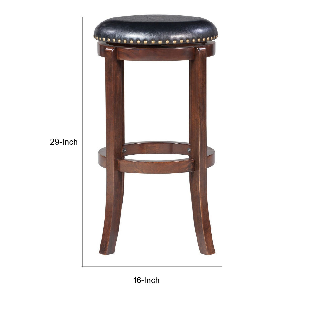 Benjara Ovi 29 Inch Swivel Bar Stool, Nailhead Trim, Walnut Brown, Faux Leather