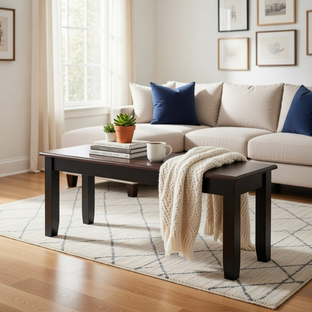 Benjara Zoy 48 Inch Wood Dining Bench, Cherry Brown Top, Classic Black Tapered Legs