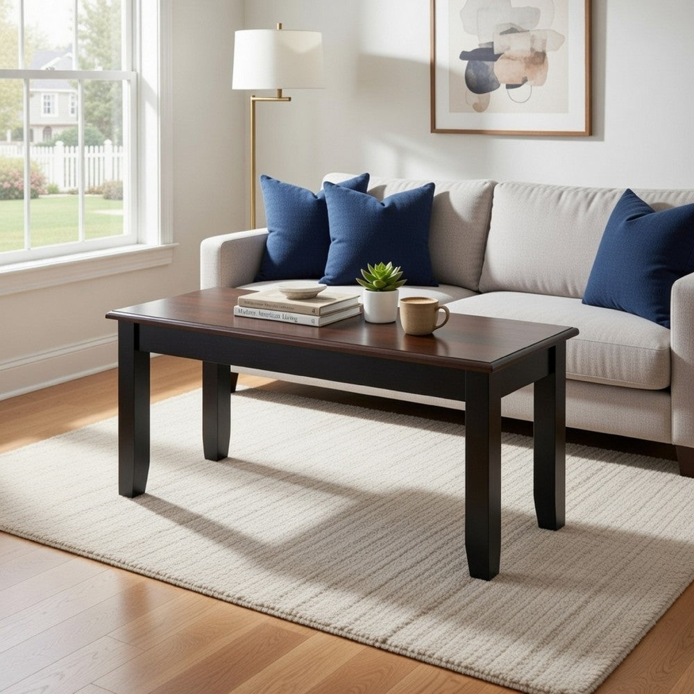 Benjara Zoy 48 Inch Wood Dining Bench, Cherry Brown Top, Classic Black Tapered Legs