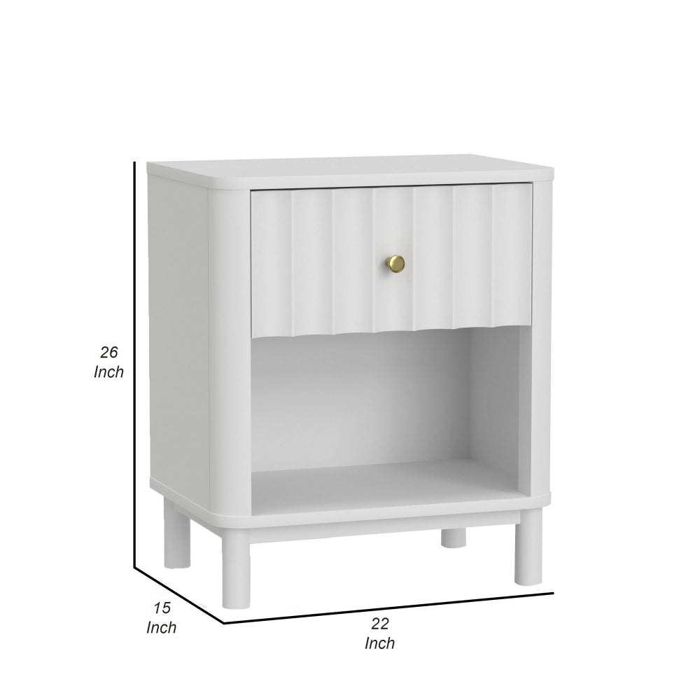 Benjara Aya 26 Inch Nightstand, Felt Lined Single Drawer, Scalloped Front, White