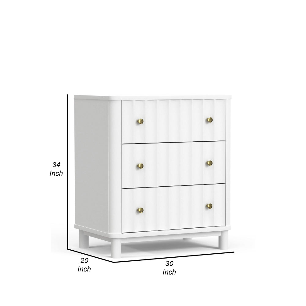 Benjara Aya 34 Inch Small 3 Drawer Dresser Chest, Scalloped Motif Front, White Wood