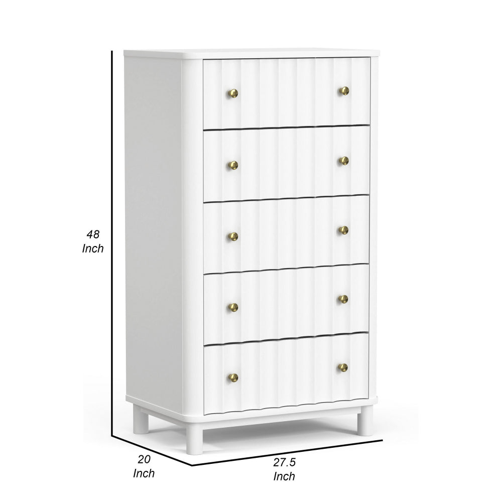 Benjara Aya 48 Inch Tall 5 Drawer Dresser Chest, Scalloped Motif Front, White Wood