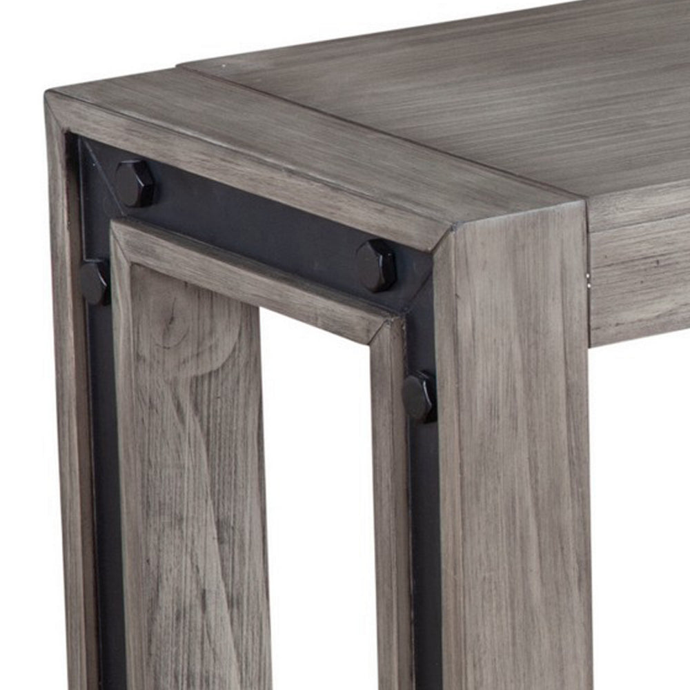 Benjara Ebb 59 Inch Rectangular Dining Bench, Faux Metal Inset, Handcrafted, Gray
