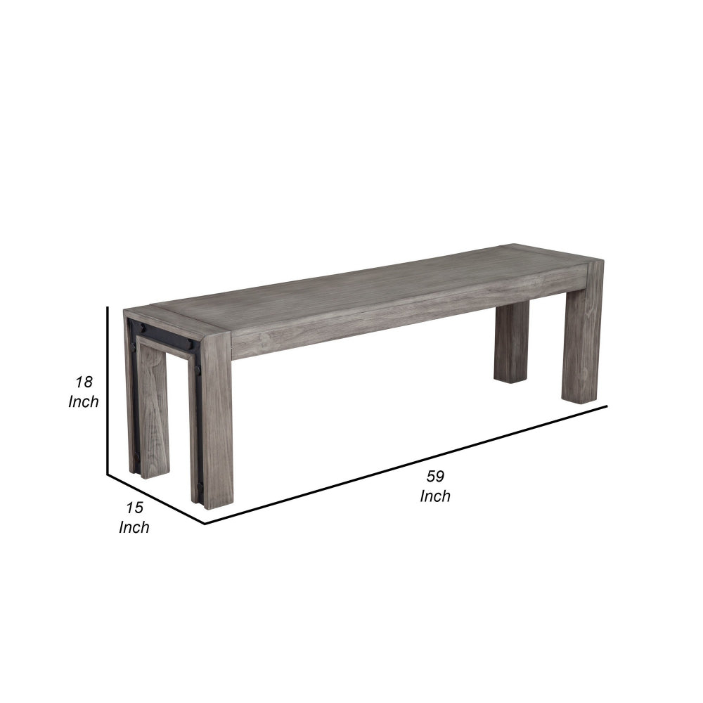 Benjara Ebb 59 Inch Rectangular Dining Bench, Faux Metal Inset, Handcrafted, Gray