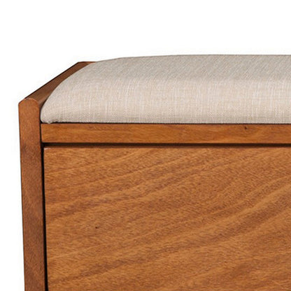 Benjara Ian 59 Inch 2 Drawer Storage Bench, Padded Seat, Beige Fabric, Acorn Brown