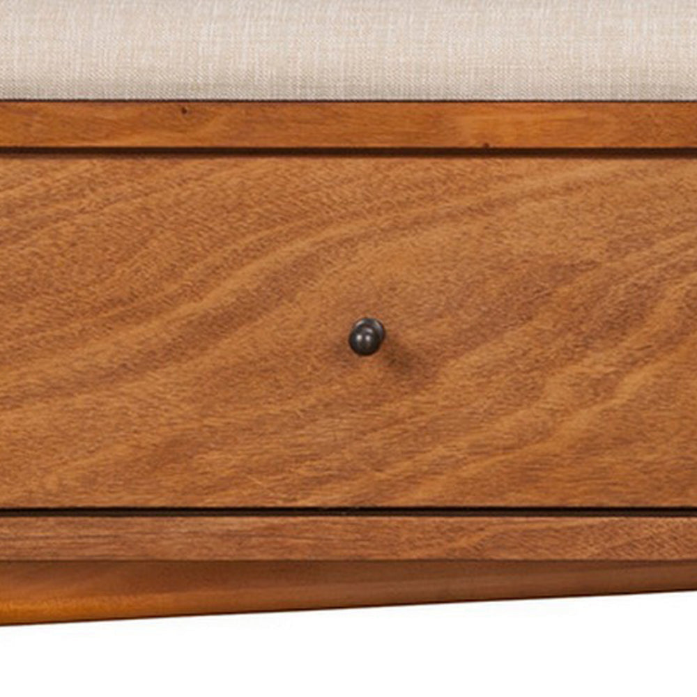 Benjara Ian 59 Inch 2 Drawer Storage Bench, Padded Seat, Beige Fabric, Acorn Brown