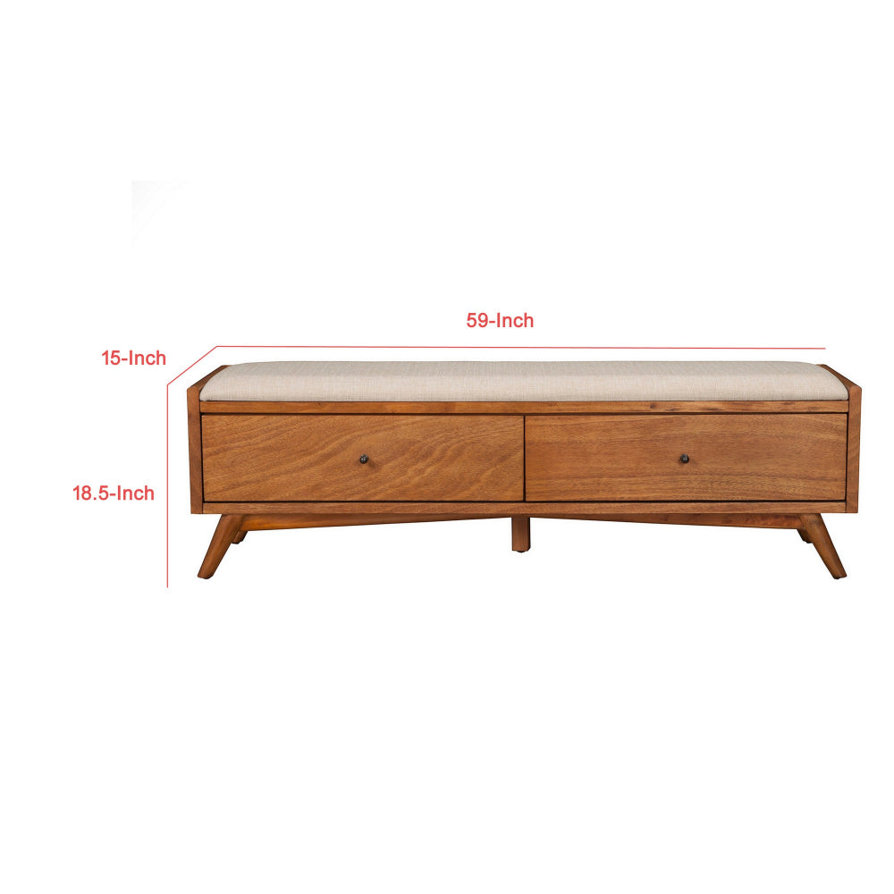 Benjara Ian 59 Inch 2 Drawer Storage Bench, Padded Seat, Beige Fabric, Acorn Brown