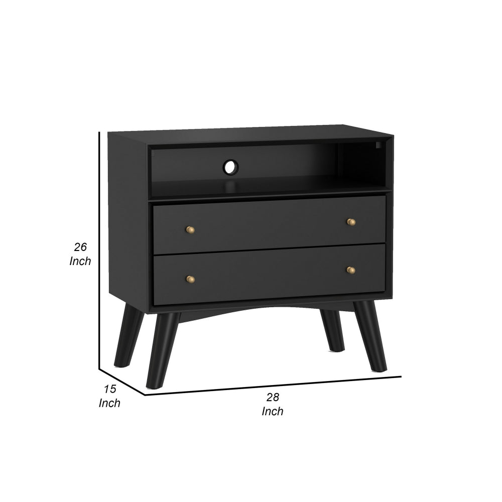 Benjara Ian 28 Inch Wide 2 Drawer Nightstand with Shelf, Angled Legs, Jet Black