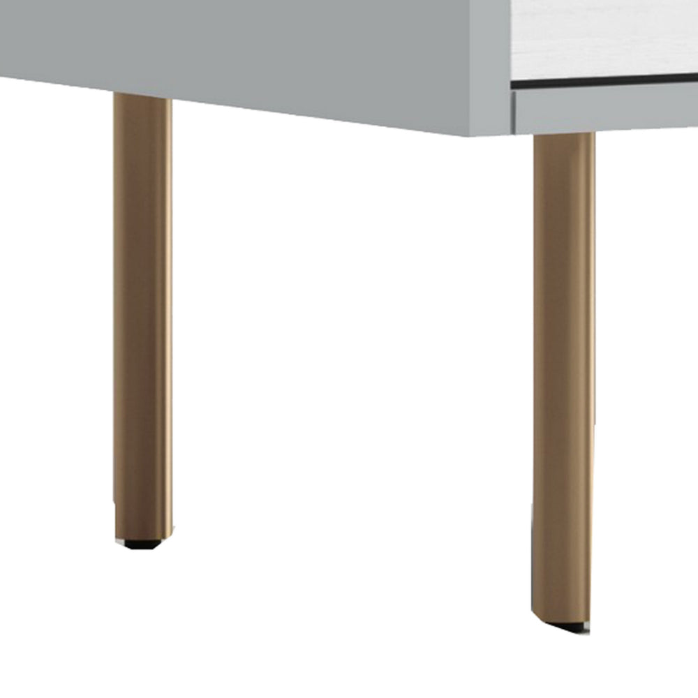 Benjara Dap 24 Inch 2 Drawer Nightstand, Satin Gold Handles And Legs, White, Gray