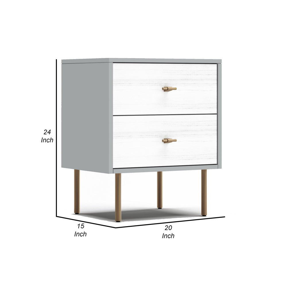 Benjara Dap 24 Inch 2 Drawer Nightstand, Satin Gold Handles And Legs, White, Gray