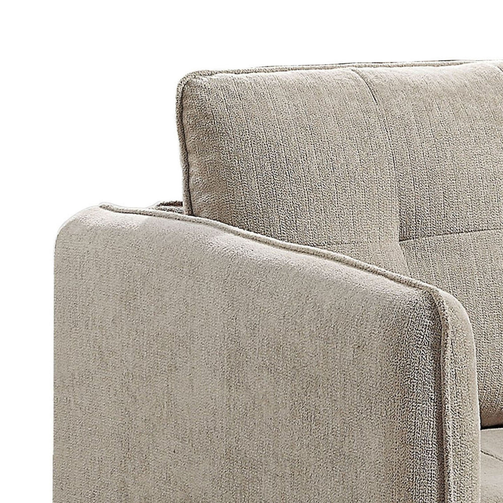 Benjara Hak 33 Inch Accent Chair, Rounded Arms, Biscuit Tufting, Wood Legs, Taupe