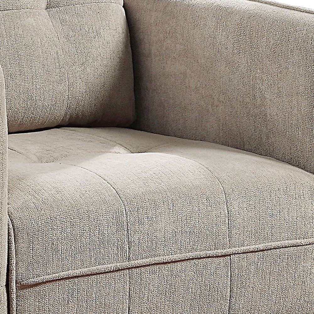 Benjara Hak 33 Inch Accent Chair, Rounded Arms, Biscuit Tufting, Wood Legs, Taupe