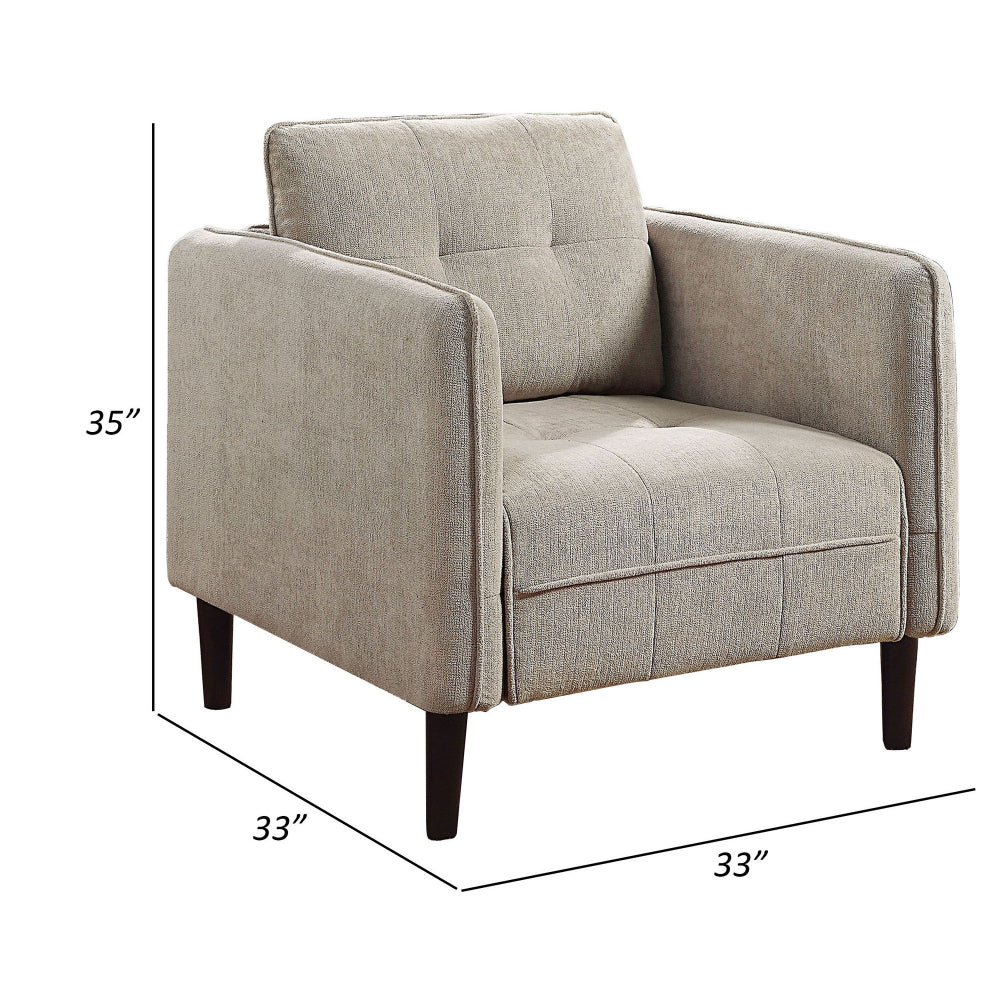 Benjara Hak 33 Inch Accent Chair, Rounded Arms, Biscuit Tufting, Wood Legs, Taupe