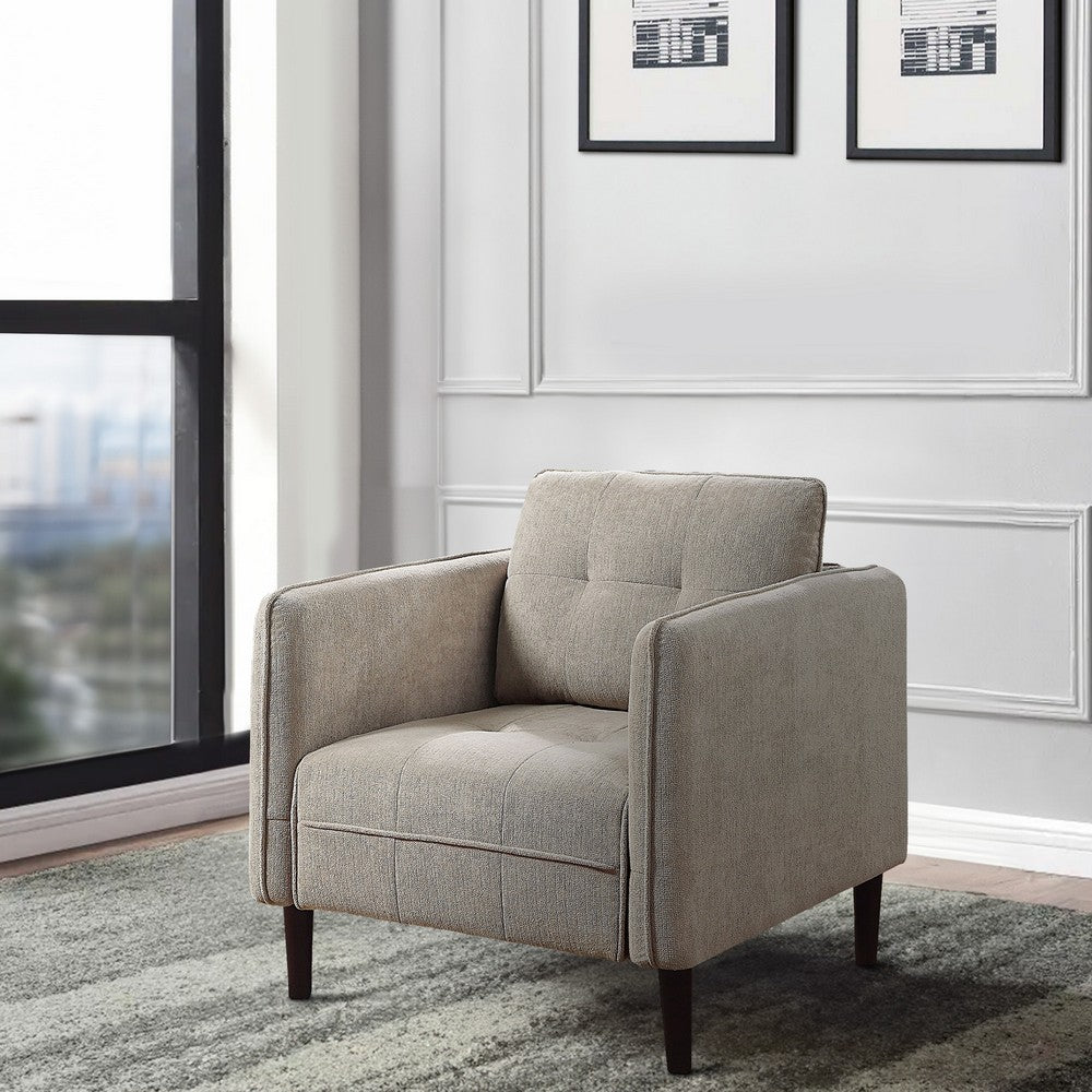 Benjara Hak 33 Inch Accent Chair, Rounded Arms, Biscuit Tufting, Wood Legs, Taupe