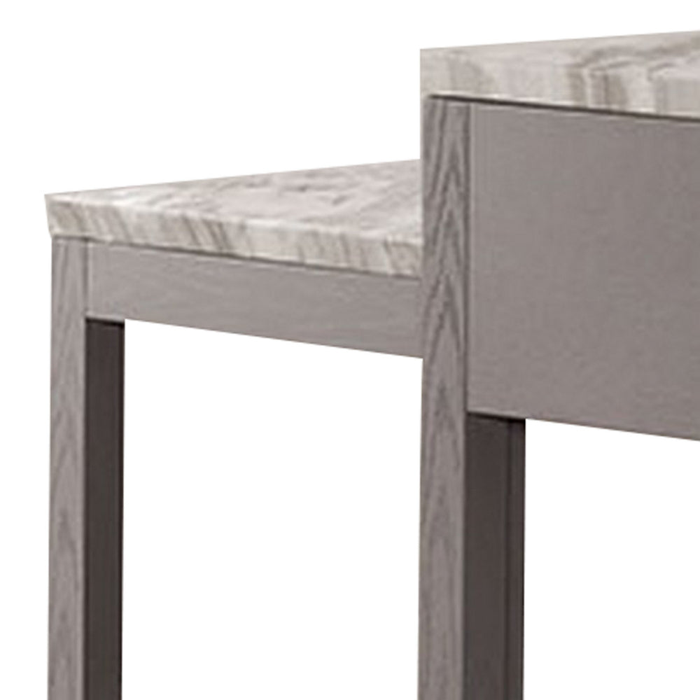 Benjara 39 Inch Faux Marble Top Table with Felt Lined Storage Drawer, Gray, White