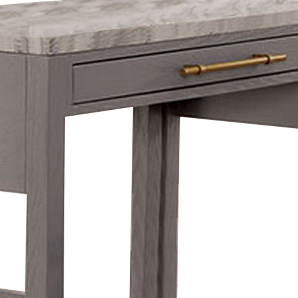Benjara 39 Inch Faux Marble Top Table with Felt Lined Storage Drawer, Gray, White