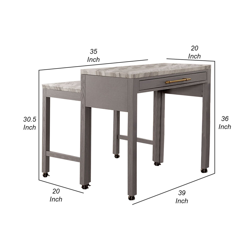 Benjara 39 Inch Faux Marble Top Table with Felt Lined Storage Drawer, Gray, White
