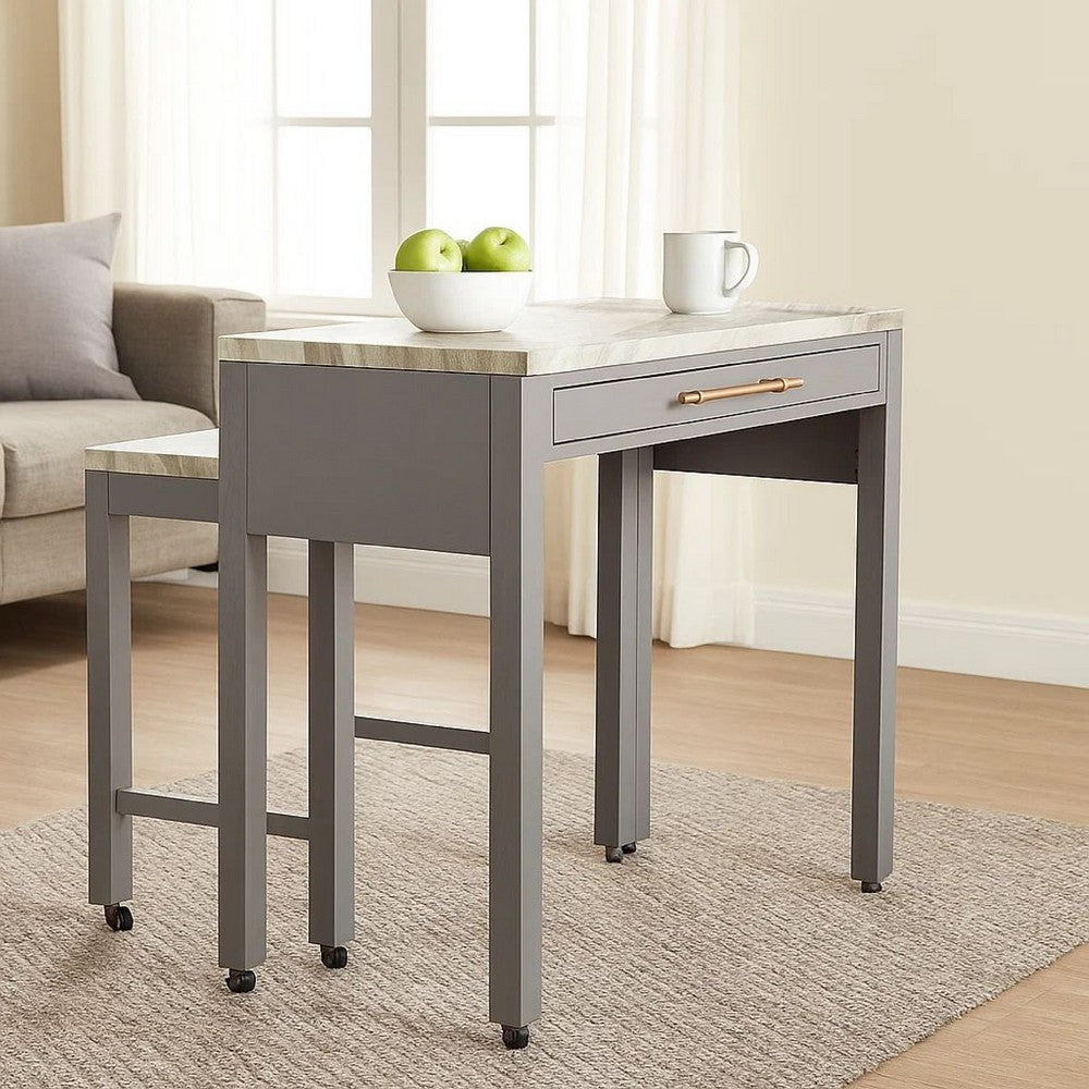 Benjara 39 Inch Faux Marble Top Table with Felt Lined Storage Drawer, Gray, White