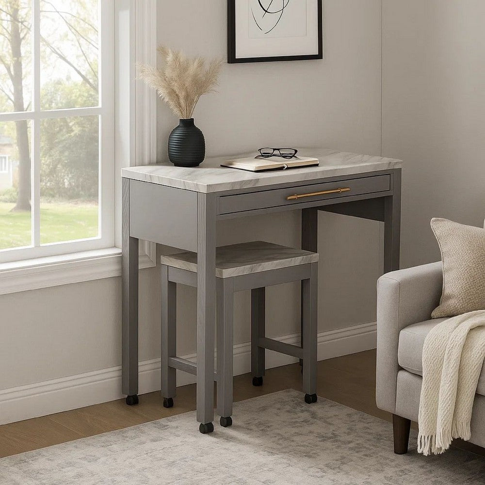 Benjara 39 Inch Faux Marble Top Table with Felt Lined Storage Drawer, Gray, White