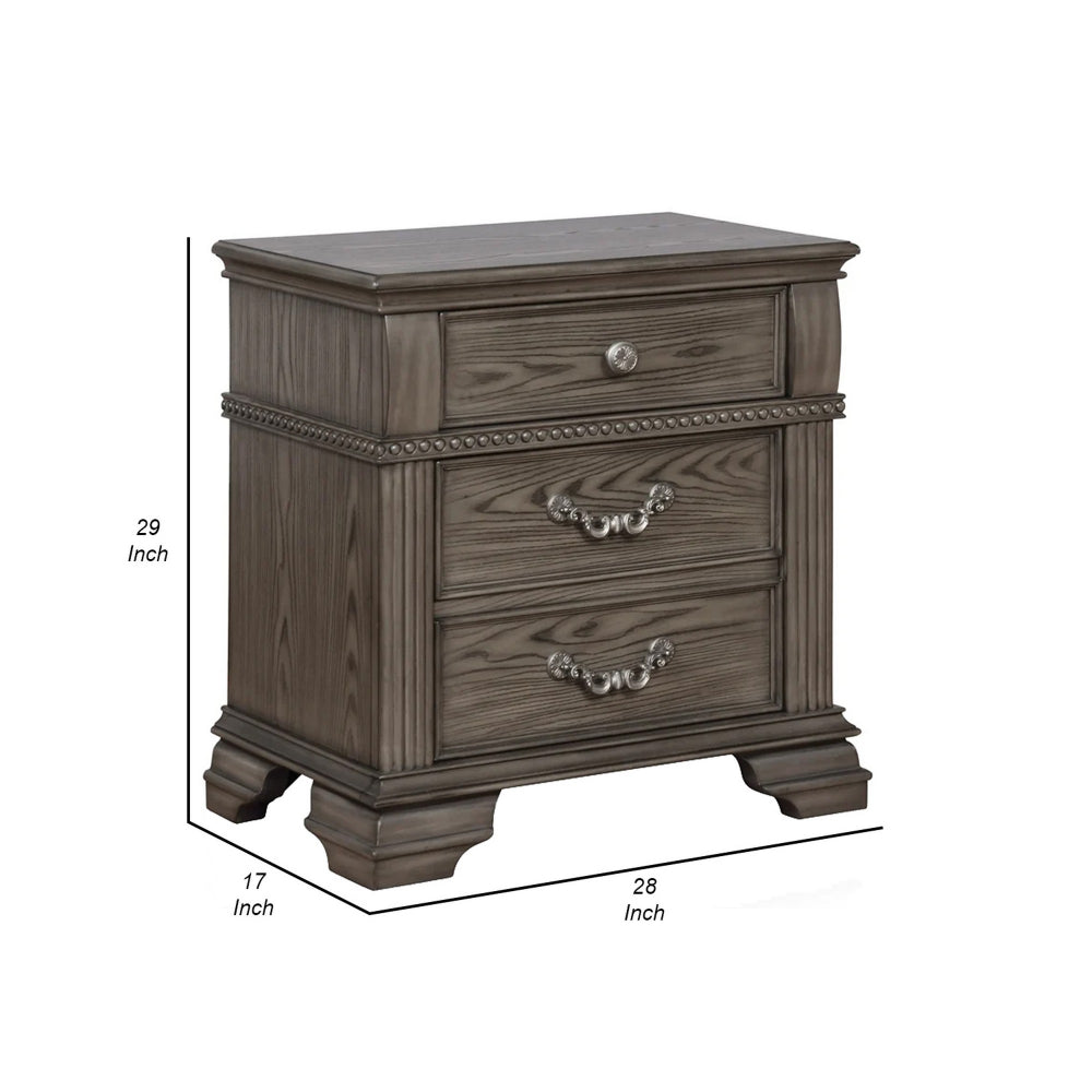 Benjara Akia 28 Inch Traditional 3 Drawer Nightstand, Metal Knobs, Smooth Gray