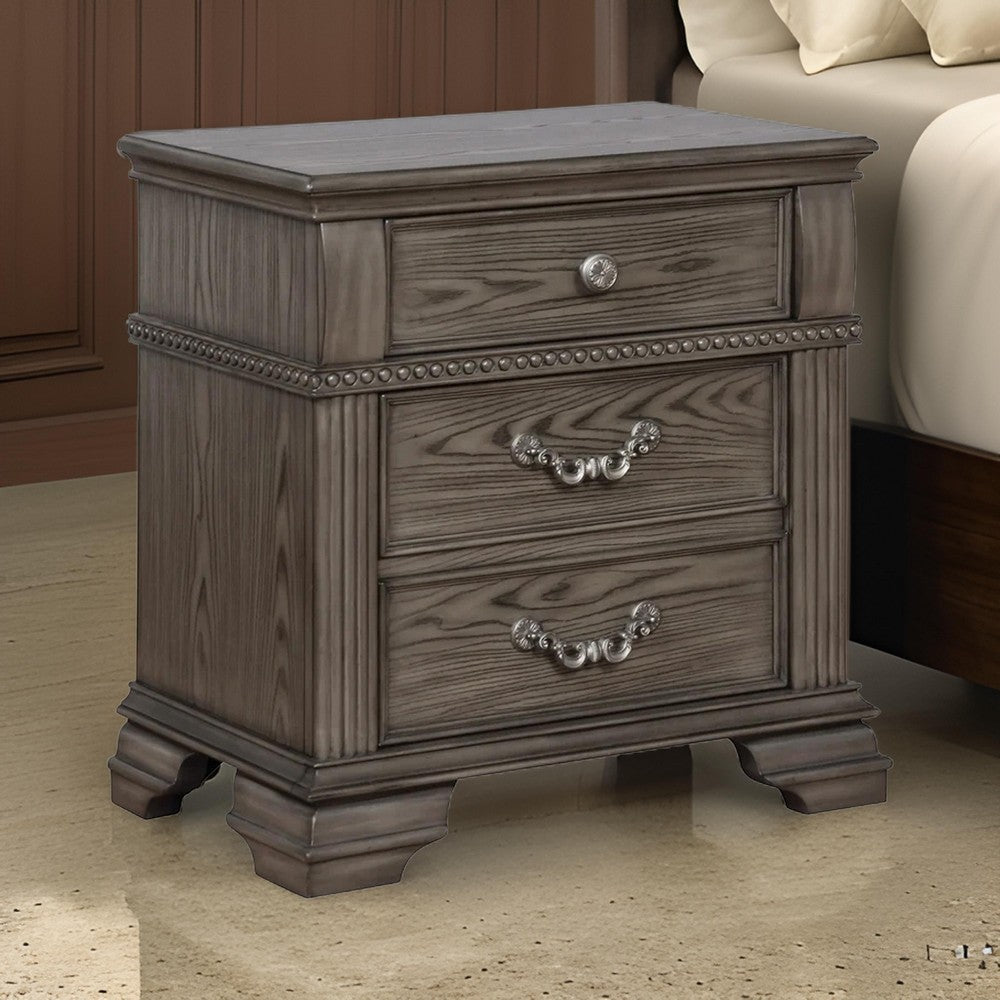 Benjara Akia 28 Inch Traditional 3 Drawer Nightstand, Metal Knobs, Smooth Gray