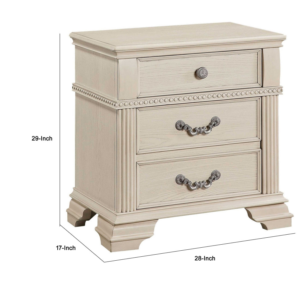 Benjara Akia 28 Inch Traditional 3 Drawer Nightstand, Metal Knobs, Crisp White