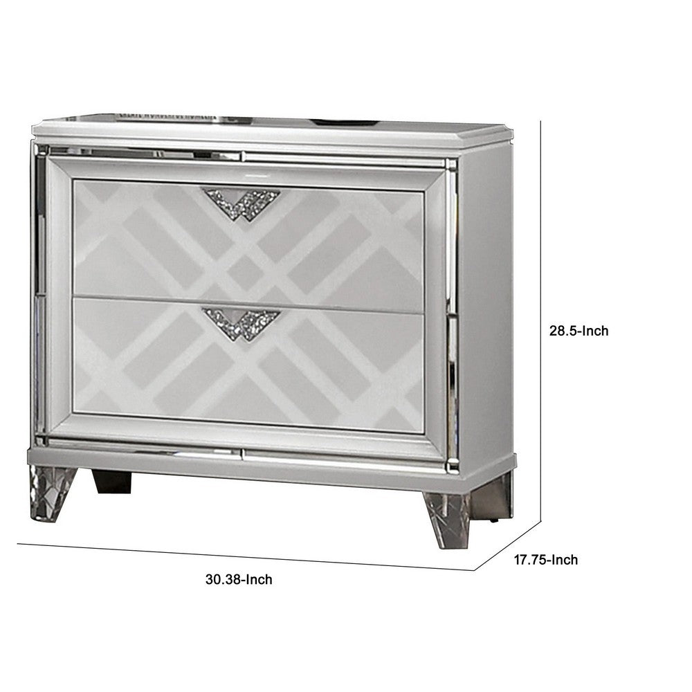 Benjara Beli 30 Inch Modern 2 Drawer Nightstand, Carved Acrylic Feet, Crisp White