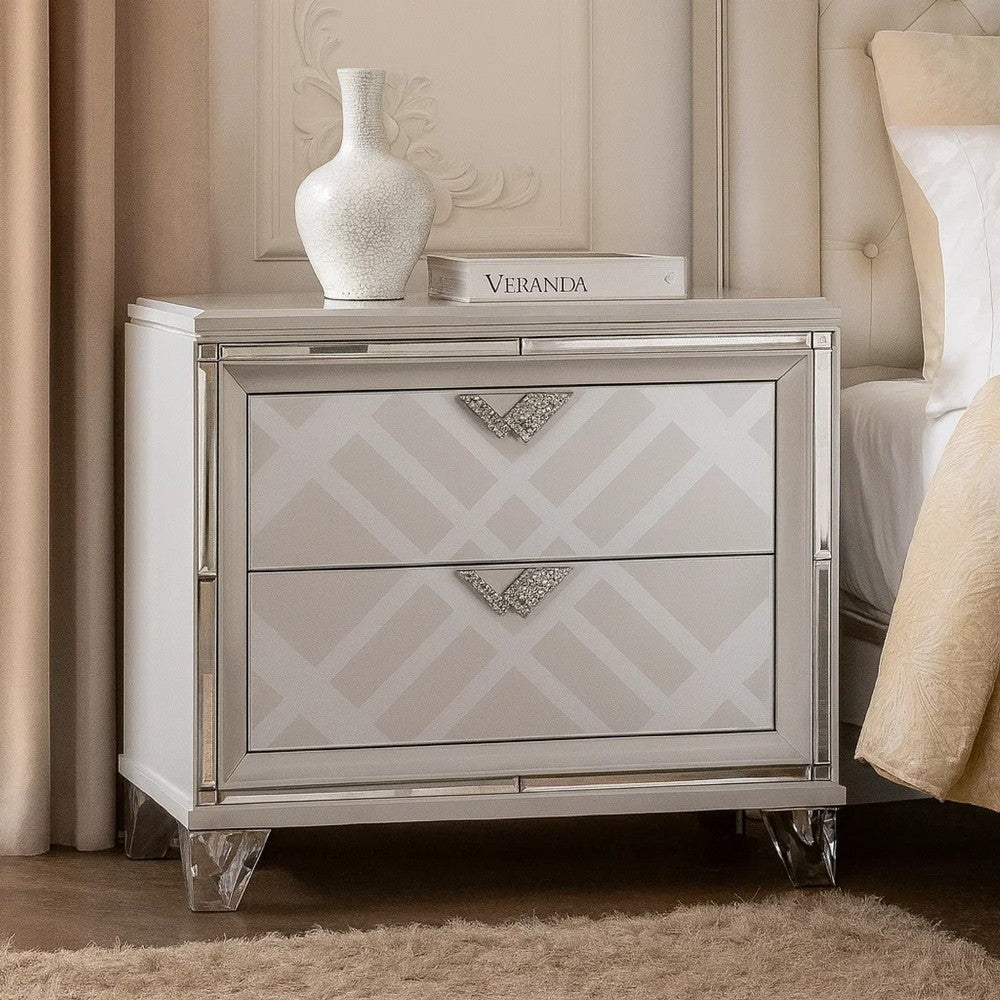 Benjara Beli 30 Inch Modern 2 Drawer Nightstand, Carved Acrylic Feet, Crisp White