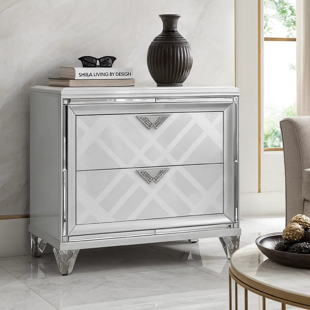 Benjara Beli 30 Inch Modern 2 Drawer Nightstand, Carved Acrylic Feet, Crisp White