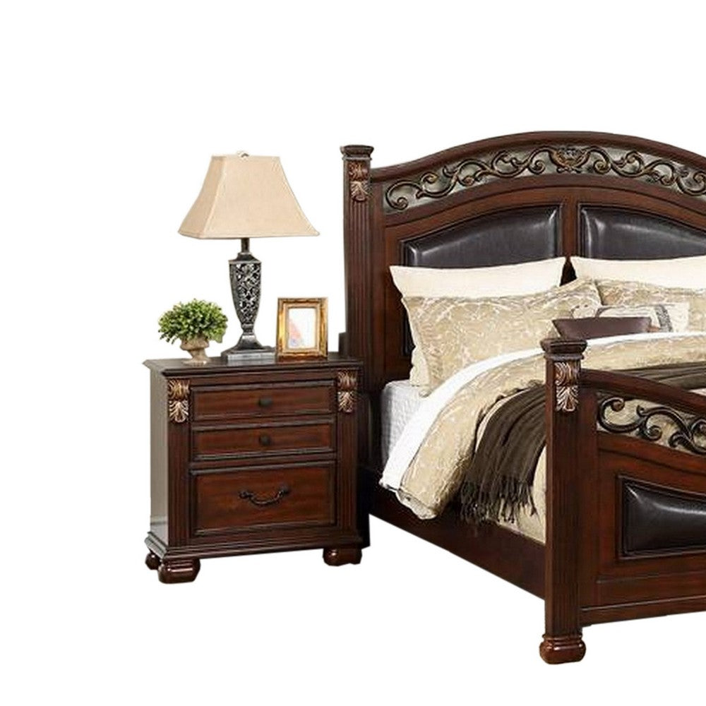 Benjara Miri Arched Queen Bed, Carved Leaf Details, Reeded Pilasters, Oak Brown