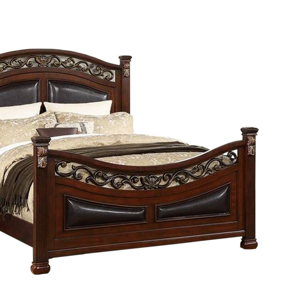 Benjara Miri Arched Queen Bed, Carved Leaf Details, Reeded Pilasters, Oak Brown