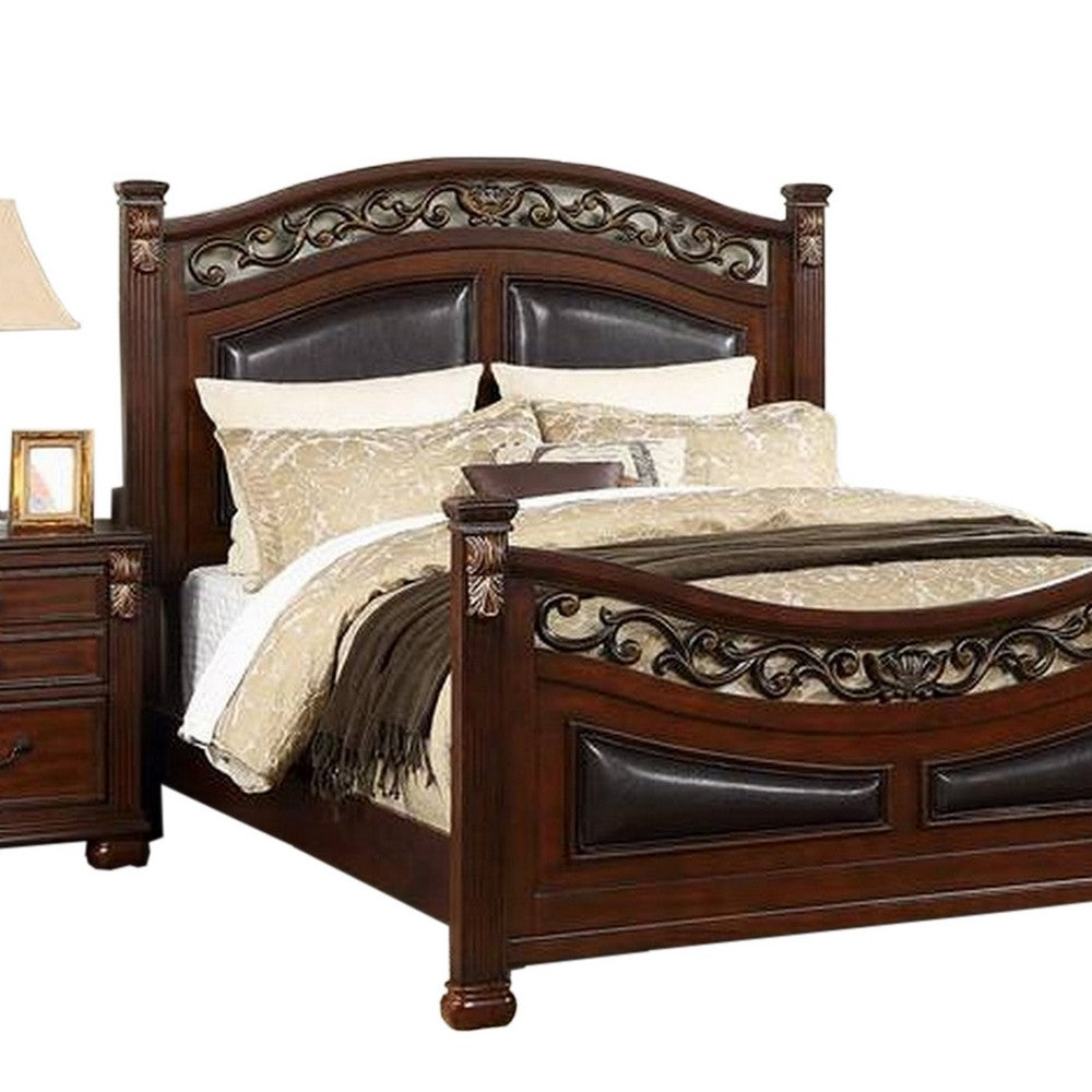 Benjara Miri Arched Queen Bed, Carved Leaf Details, Reeded Pilasters, Oak Brown