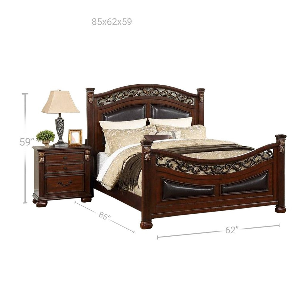 Benjara Miri Arched Queen Bed, Carved Leaf Details, Reeded Pilasters, Oak Brown