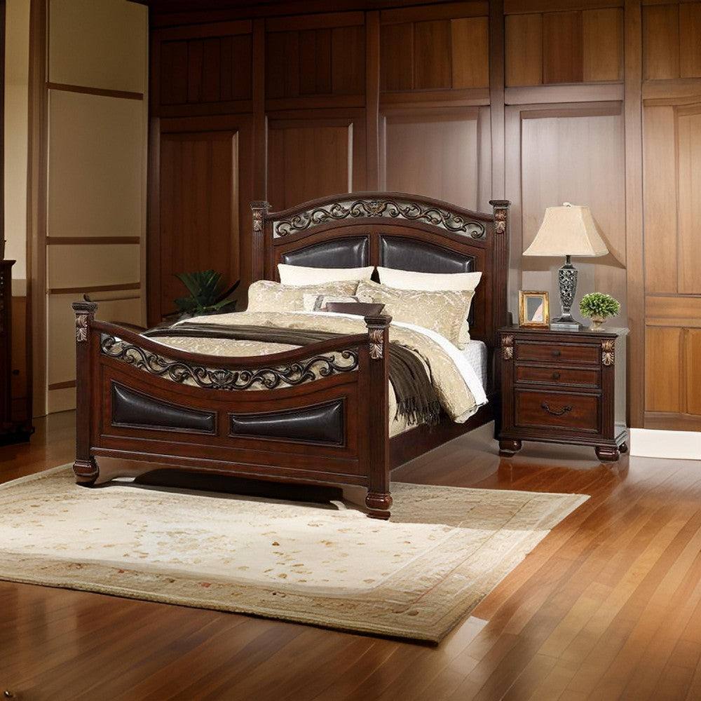 Benjara Miri Arched Queen Bed, Carved Leaf Details, Reeded Pilasters, Oak Brown